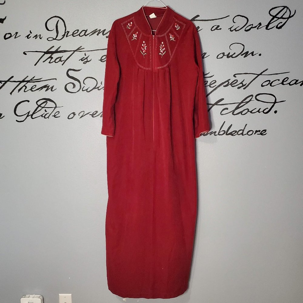 Vintage 80s Fleece Cranberry Zip Up House Coat with Pockets, Lg